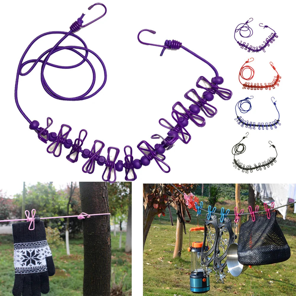 4M Outdoor Camping Non-slip stretch clothesline With 12Clips Travel Stretchy Clothesline Sock Line Hanging Laundry Drying Rope