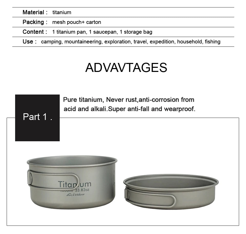 APG Ultralight Titanium Pan Outdoor Camping Tableware Titanium Pot Cookware