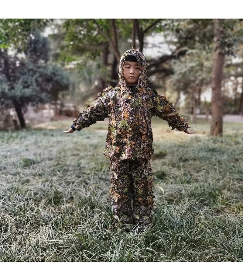 Men Women Kids Outdoor Ghillie Suit Camouflage Clothes Jungle Suit CS Training Leaves Clothing Hunting Suit Pants Hooded Jacket