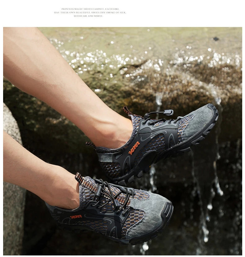 Summer Breathable Men Hiking Shoes Suede + Mesh Outdoor Men Sneakers Climbing Shoes Men Sport Shoes Quick-dry Water Shoes