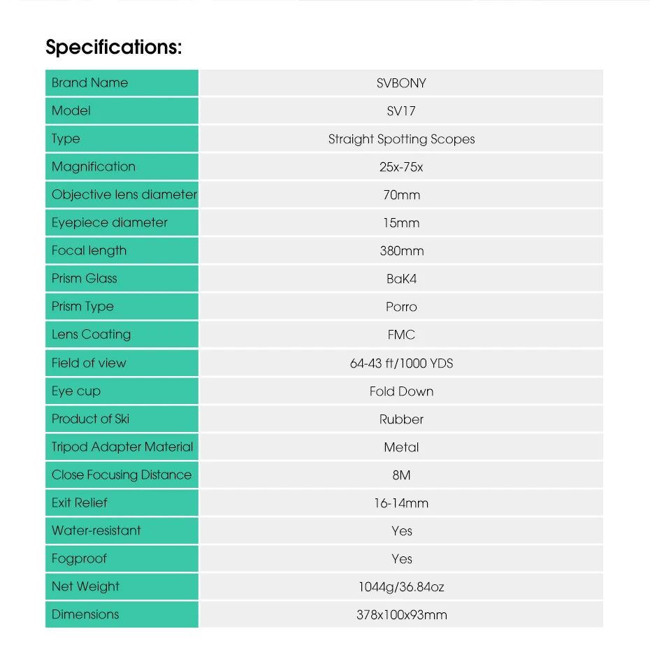 SVBONY SV17 25-75x70mm Spotting Scope Straight Waterproof Spotting Scope for Camping Hunting Bird Watching,Zoom Telescope Spygla