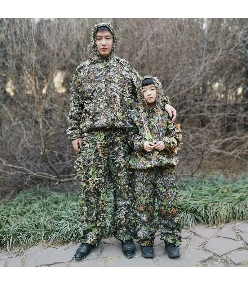 Men Women Kids Outdoor Ghillie Suit Camouflage Clothes Jungle Suit CS Training Leaves Clothing Hunting Suit Pants Hooded Jacket