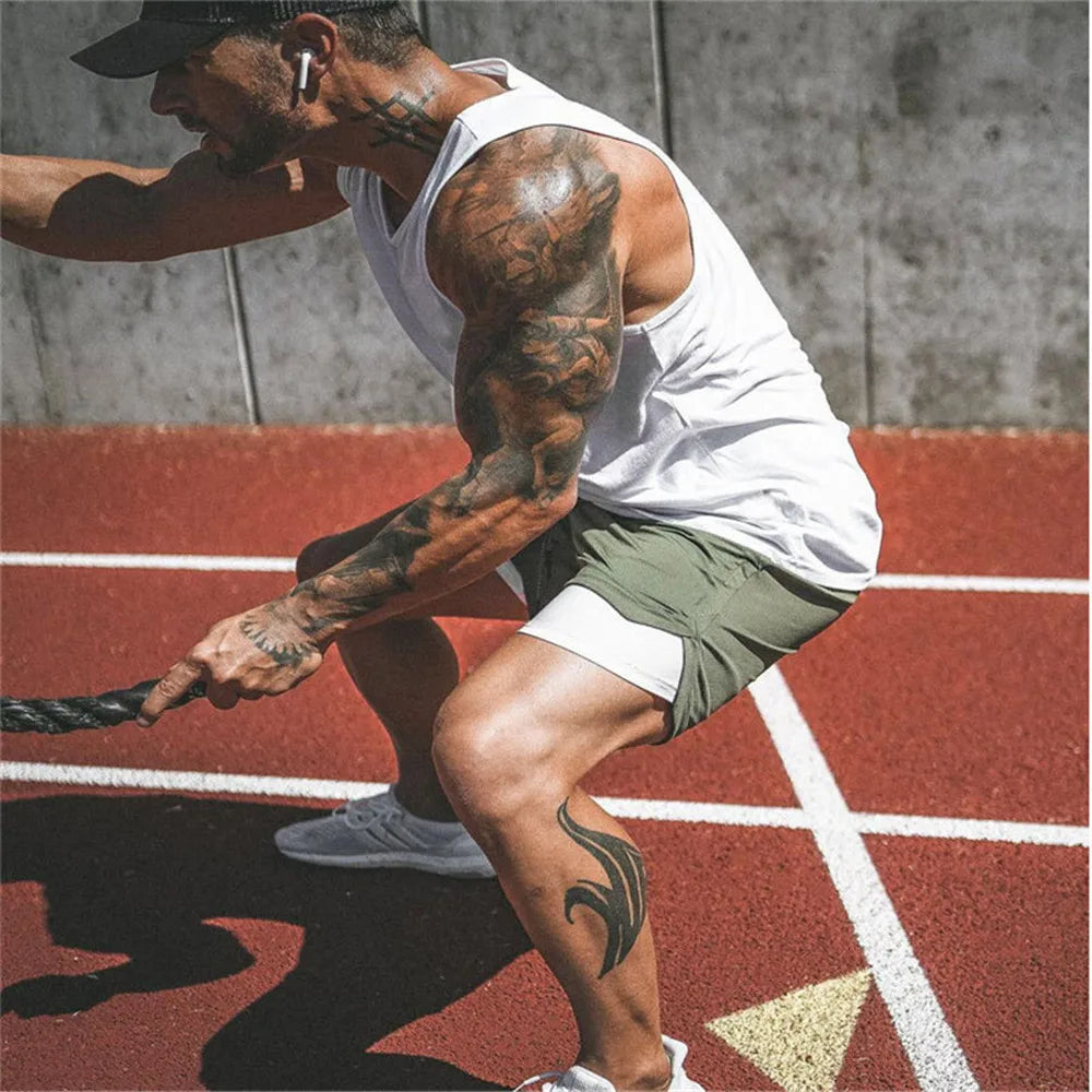 Men 2 in 1 Running Shorts Jogging Gym Fitness Training Quick Dry Beach Short Pants Male Summer Sports Workout Bottoms Clothing