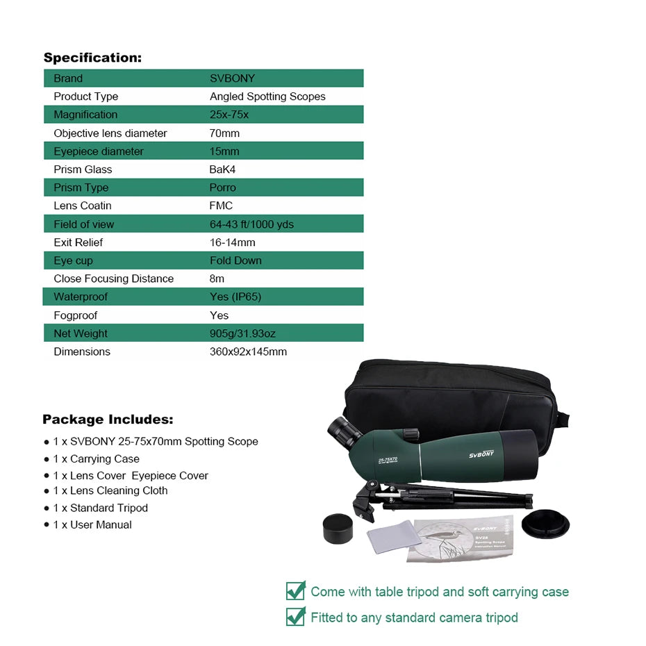 SVBONY SV28 Spotting Scopes with Tripod,25-75x70,Waterproof,Range Shooting Scope,Compact, for Target Shooting,Wildlife Viewing