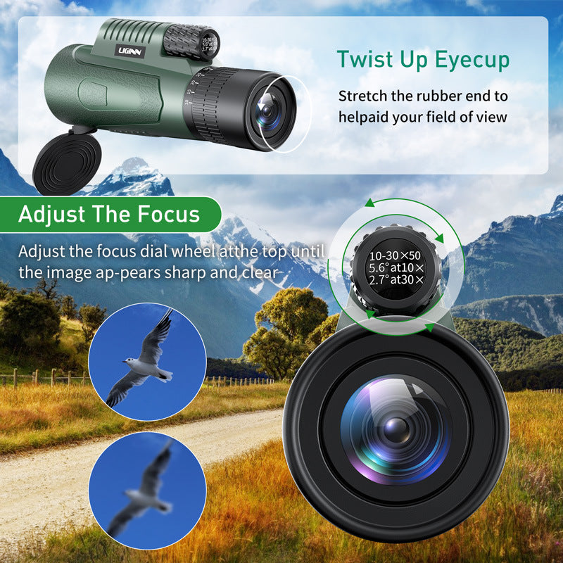 10-30x50 Zoom Telescope Astronomical Hunting Monocular Camping Equipment HD Spotting Scope with Phone Adapter Tripod