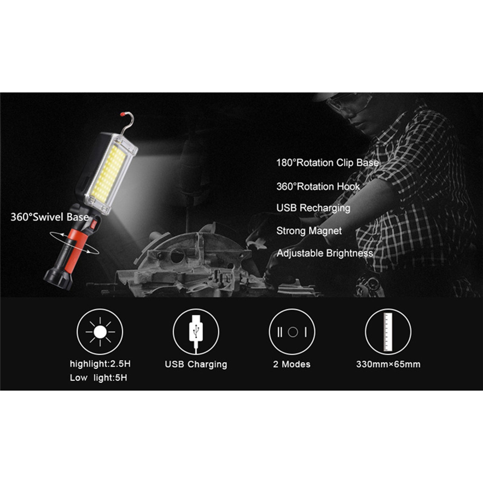 Powerful Portable Led Work Light 700lm Waterproof Usb Rechargeable Cob Flashlight Camping Lantern With Hook Dropship