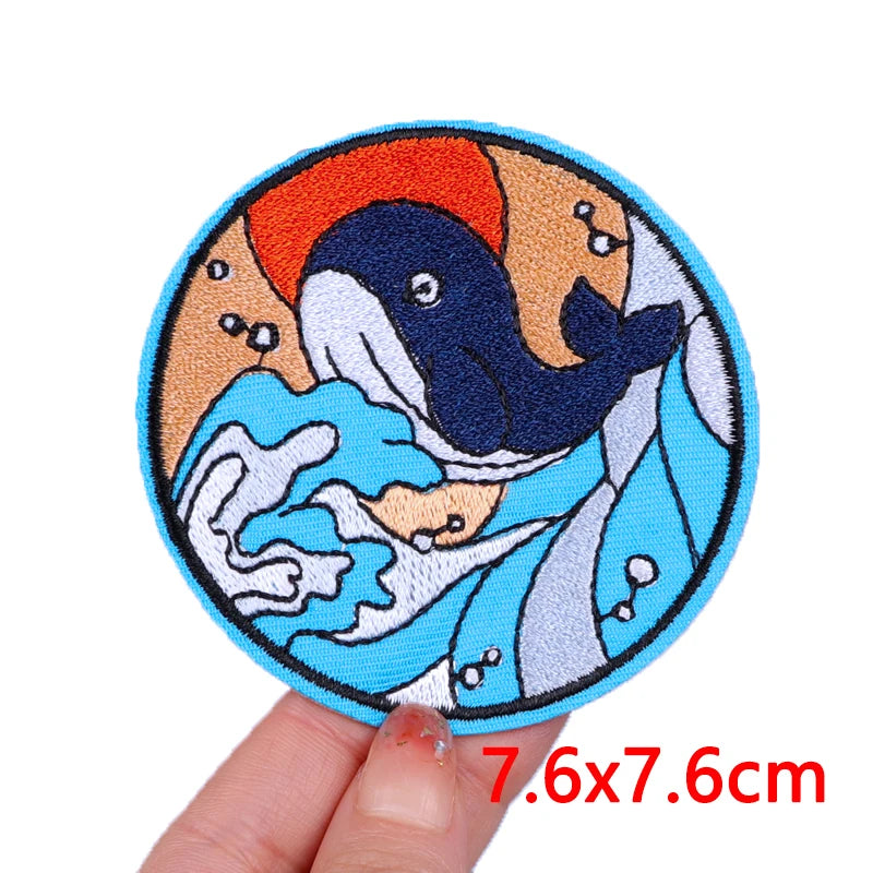 Wave/Dolphin Shark Patch Outdoor Embroidery Patch Iron On Patches For Clothing Thermoadhesive Patches On Clothes Sewing Applique