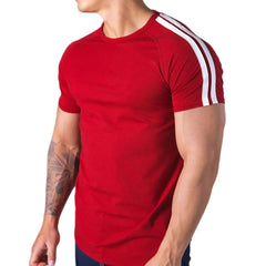 Red Gym Fitness T-shirt Men Running Sport Skinny Shirt Short Sleeve Cotton Tee Tops Summer Male Bodybuilding Training Clothing