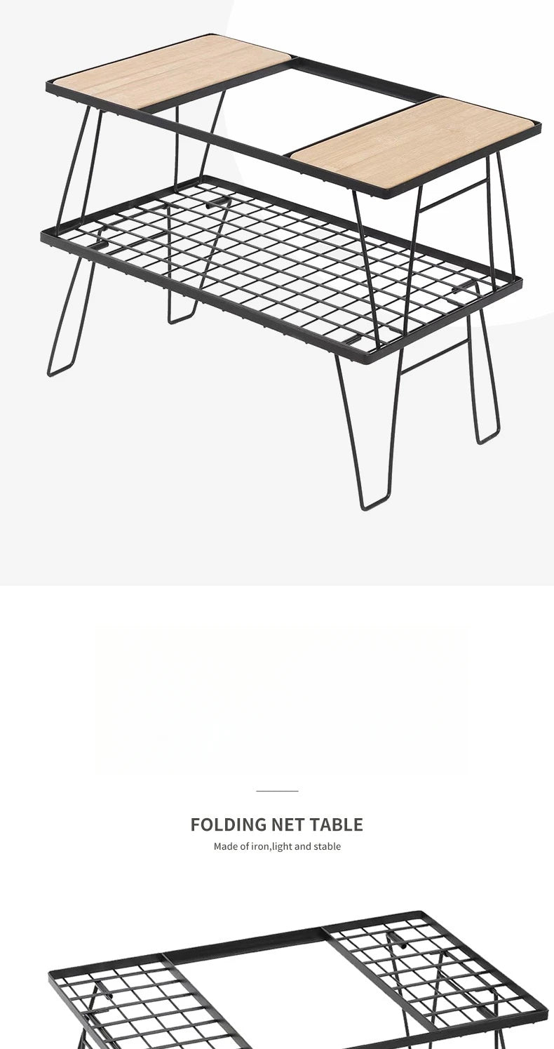 Outdoor IGT Folding Iron Mesh Table Multifunctional Storage Rack Bamboo Board Dining Table Portable Free Splicing