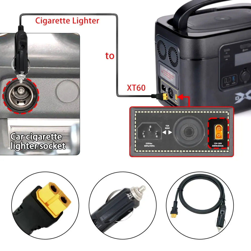 Car Cigarette Lighter to XT60 Cable 12V 24V Charging Cable Portable Power Station Outdoor Battery Power Storage Charging Cable