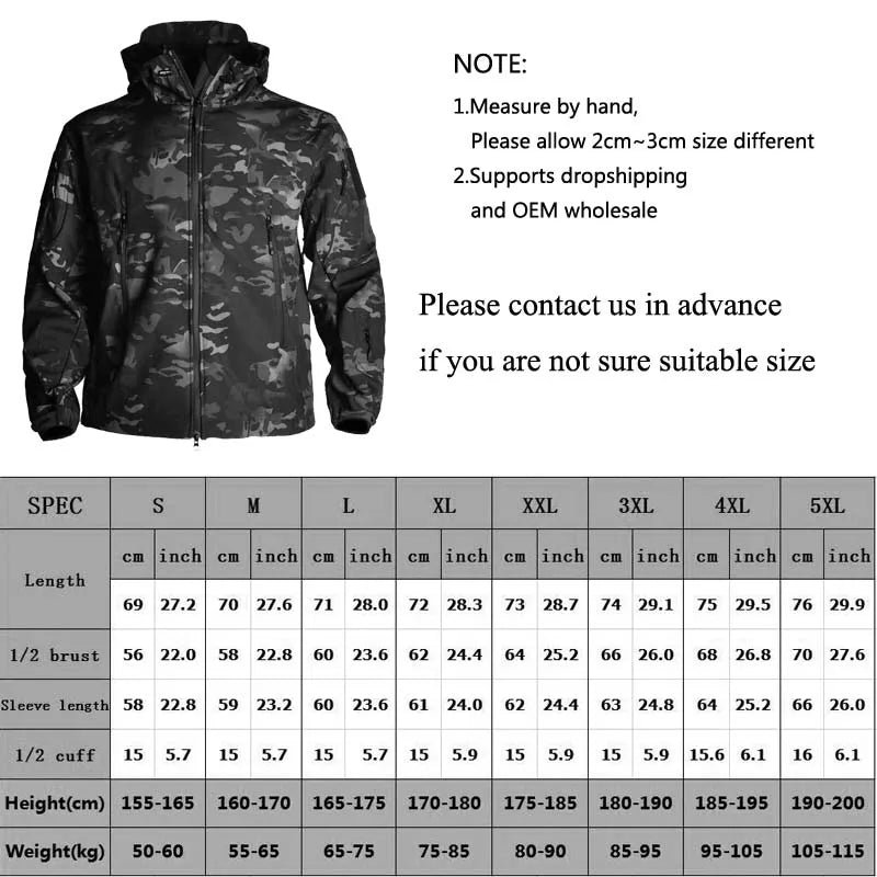 Outdoor Jacket Soft Shell Jackets Tactical Jackets Windproof Waterproof Men Soft Fleece Jackets Mens Hooded Coat Hunting Clothes