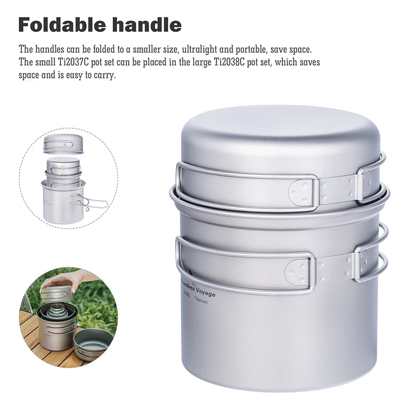 Boundless Voyage Outdoor Titanium Camping Pot Pan Set with Folding Handle Picnic Hiking Mini Size Cookware Mess Kit Ti2037-39C