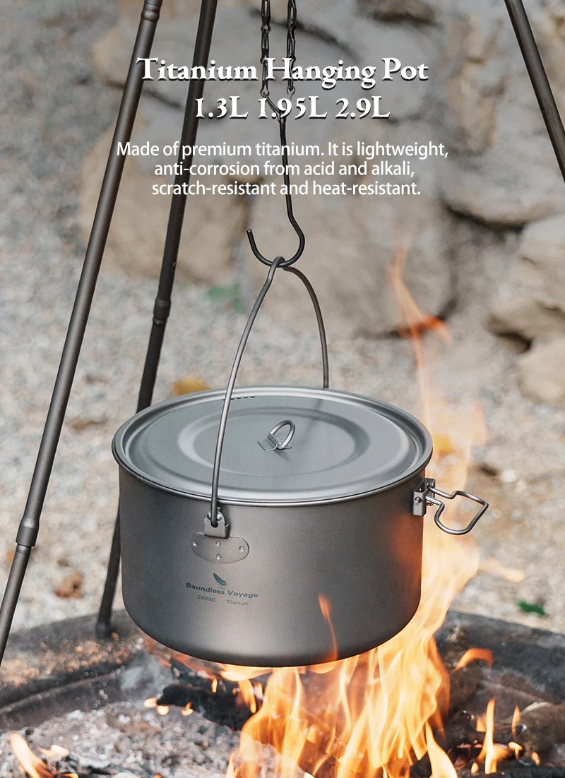 Boundless Voyage Titanium Pot Camping Cookware Hanging Soup Pot with Lid Outdoor Cooking Kit Lightweight Kitchen Ware Tableware