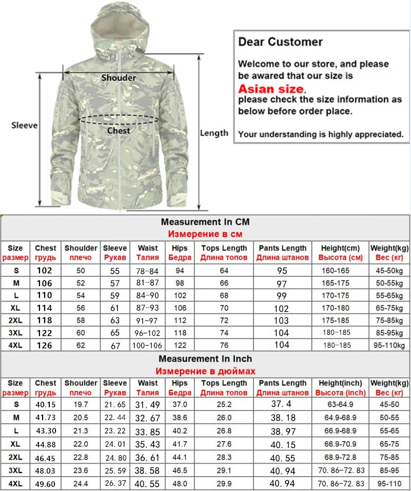 5XL 6XL Men's Tactical Hiking Shark Skin Soft Shell Wind Proof Waterproof Hooded Thermal Outdoors Field Tactical Jacket Pants