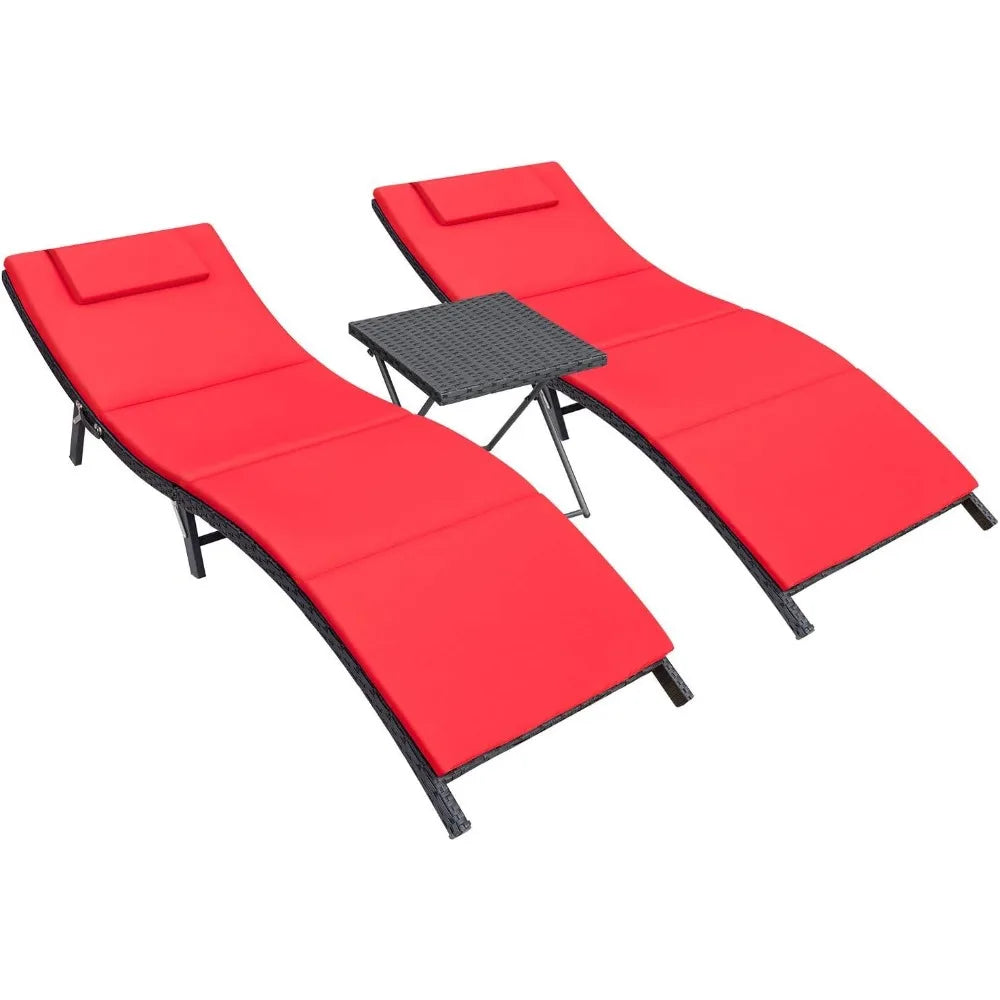 3 Pieces Lounge Chair Sets Outdoor Beach Pool PE Rattan Reclining Chair With Folding Table and Cushion (Red) Chairs