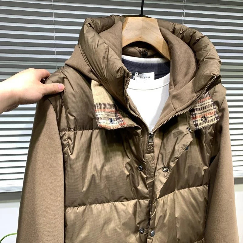 Men's Winter New Style Short Fake Two Piece Hooded Thickened Coat Cotton Padded Jacket Outdoor Trekking Travel Camping Clothing