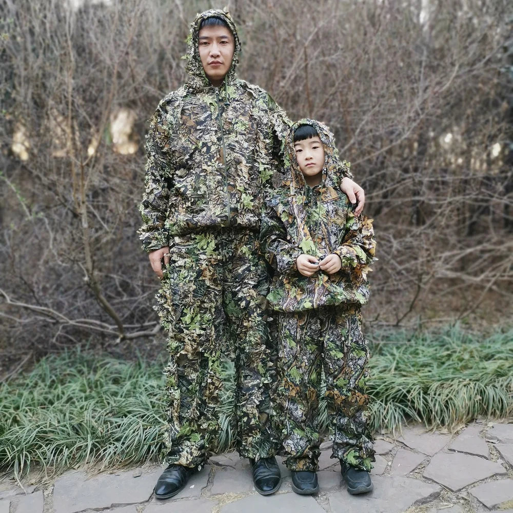 Men Women Kids Outdoor Ghillie Suit Camouflage Clothes Jungle Suit CS Training Leaves Clothing Hunting Suit Pants Hooded Jacket