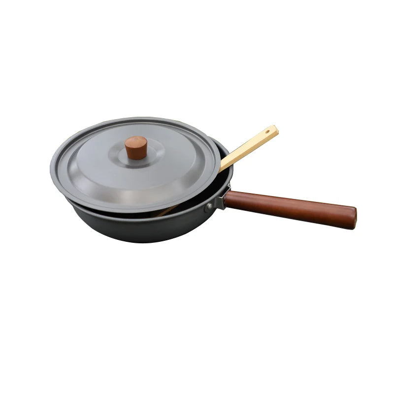 Aluminum Camping Wood Handle Wok Cookware, Outdoor Tableware, Picnic BBQ Cooking, Tourism, Kitchen Equipment, 3-4 Persons