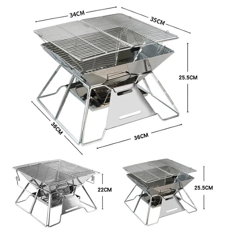 Folding Grill Fire Pit Outdoor Table Camping Stove Stainless Steel Foldable Barbecue With A Charcoal Rack Grill