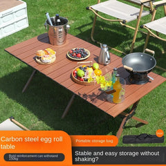 Outdoor Camping Table Wood Folding Grain Carbon Steel Egg Roll Portable Beach Table Camping Chair Tourist Plate Table