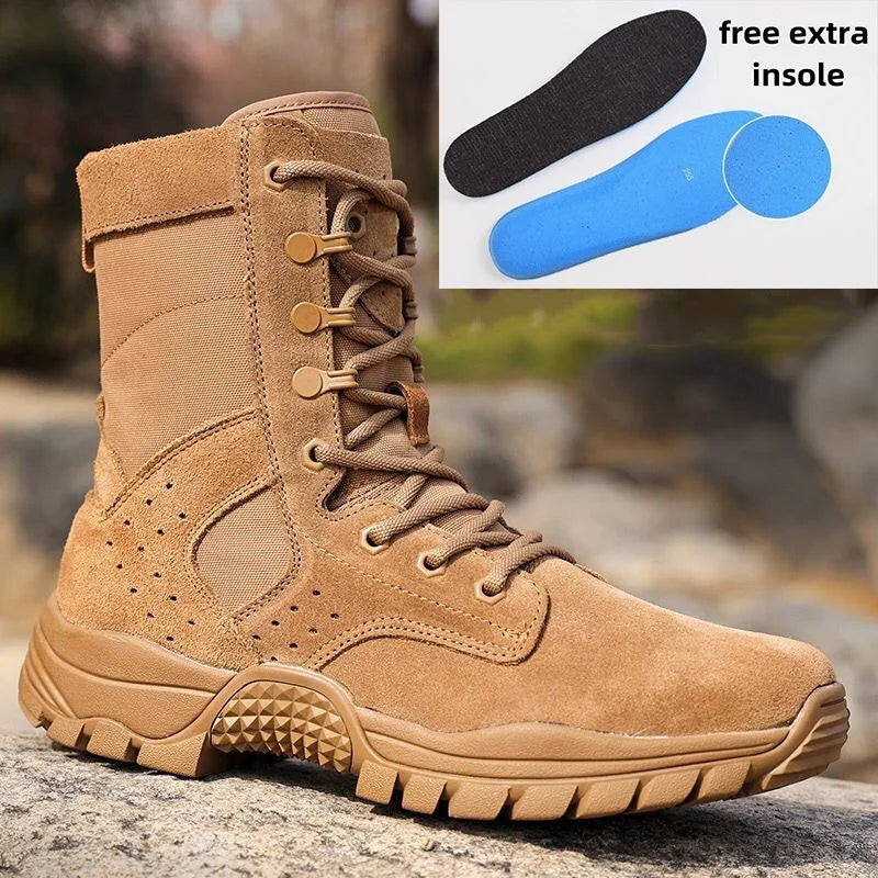 Men's Cowhide Waterproof Boots Summer Outdoor Hiking Climbing Shoes Wear-resistant Non-slip Boot Fashion Side Zip Lace-up Shoe