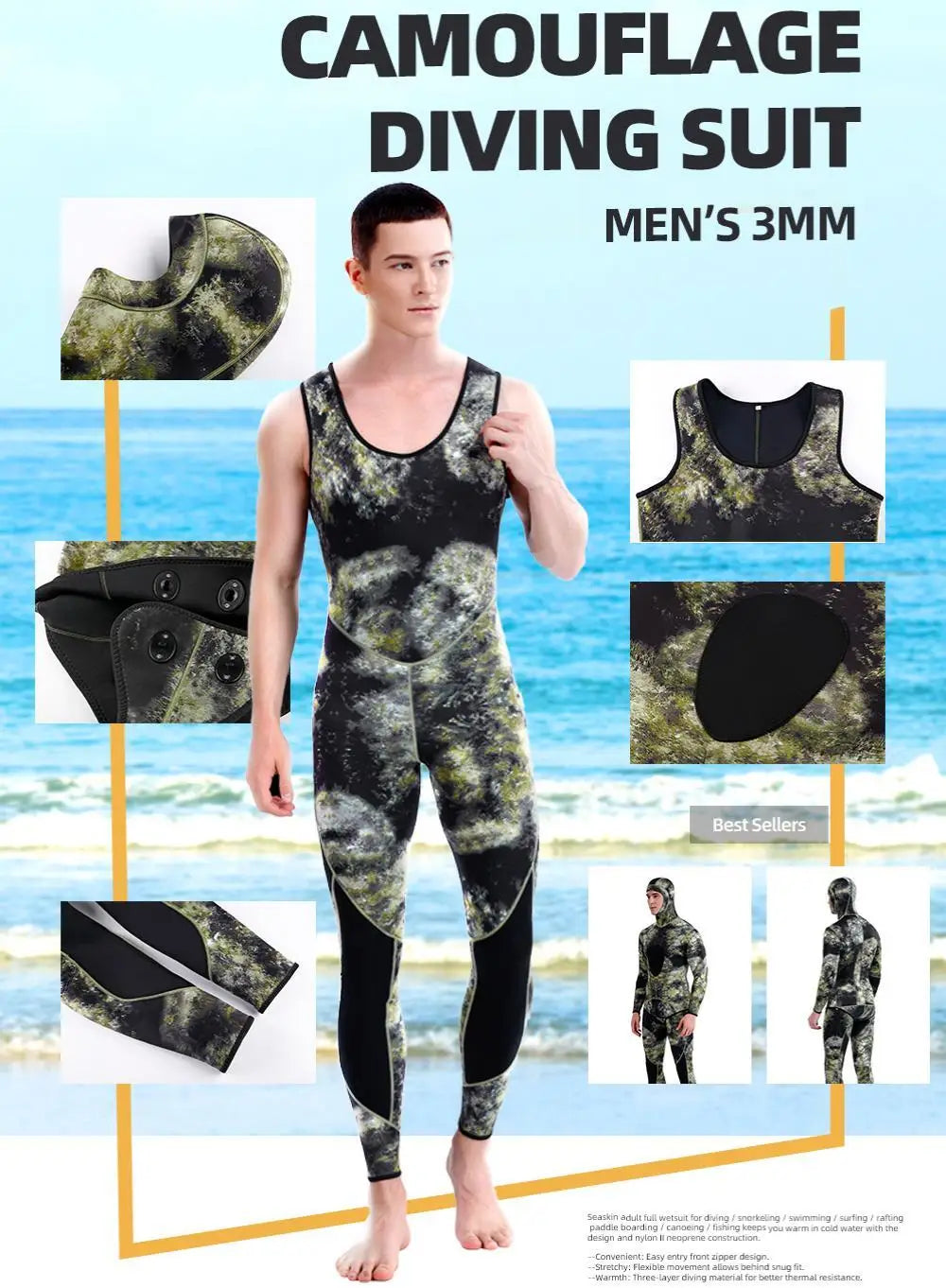 Camouflage SCR Neoprene 3mm Swim Wetsuits Men's Diving Suit Split Scuba Snorkel Swimsuit Spearfishing Surfing Jumpsuit Equipment