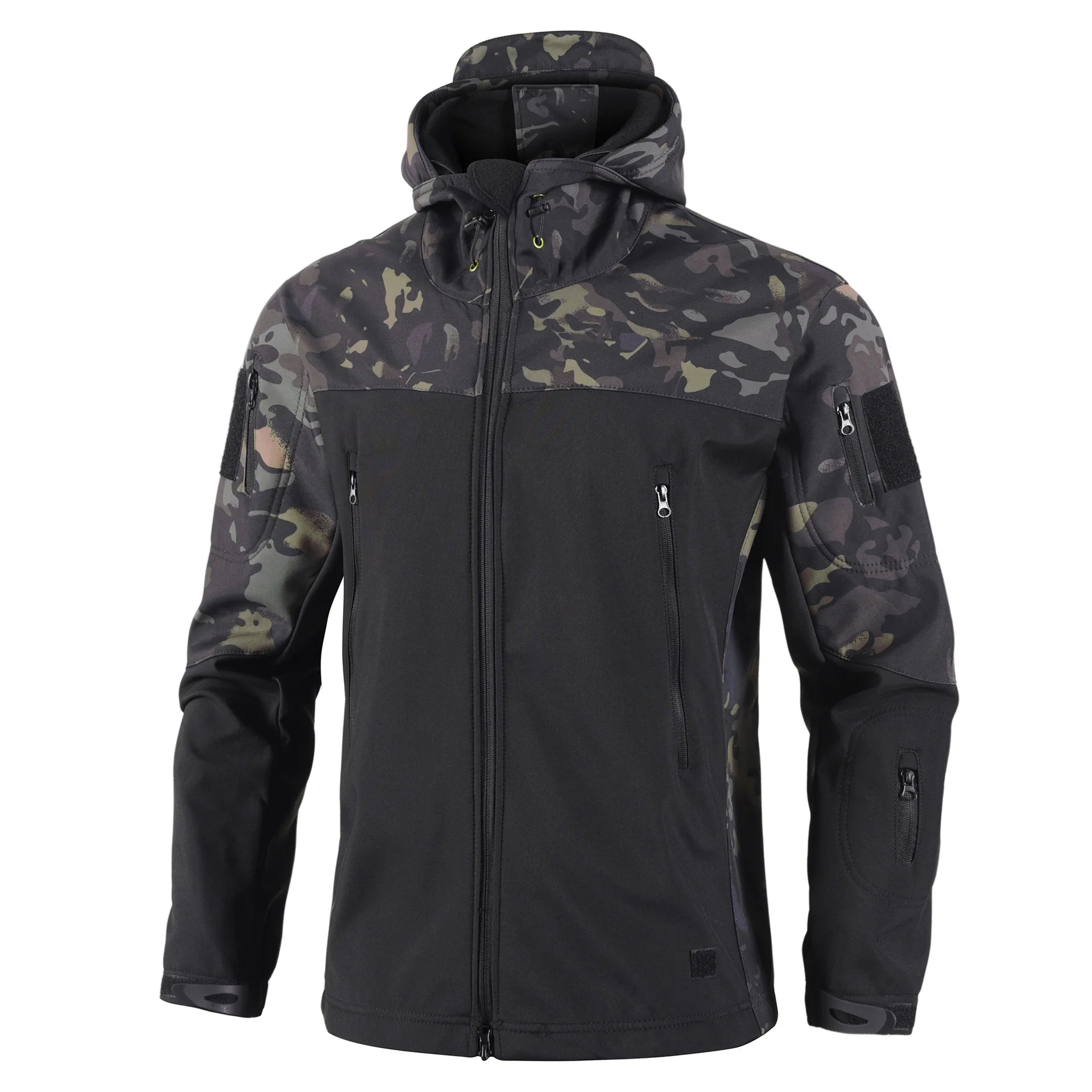 New Patchwork Soft Shell Tactical Hooded Jackets Mens Outdoor Waterproof Multiple Pockets Fleece Windbreak Male Caots Autumn