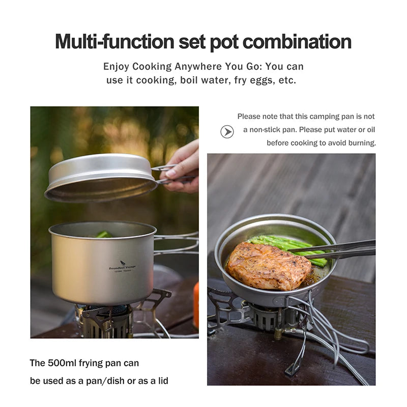 Boundless Voyage Titanium Pot & Frying Pan Backpacking Pot with Portable Foldable Handles Camping Mess Kit Cookware Set Ti2110C