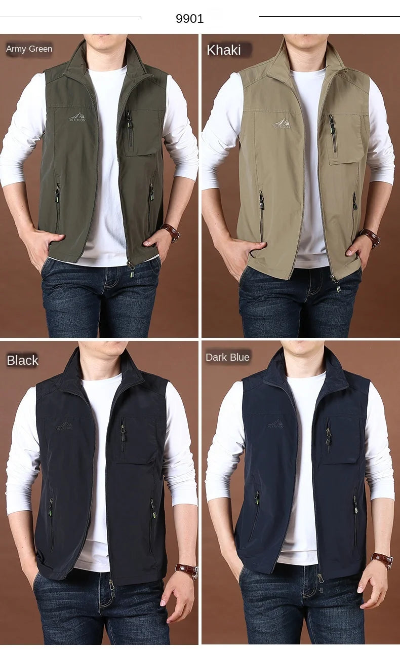 Men's Thin Tooling Loose Quick Drying Vest Men's Outdoor Sports Coat Multi Pocket Stand Collar Vest Spring Camping Fishing Vest