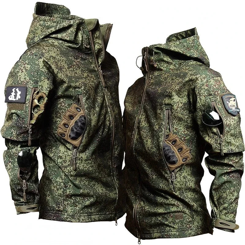 Camo Waterproof Tactical Sets Men Winter Soft Shell Hooded Jackets+Multi-pocket Cargo Pants 2 Pcs Suits Fleece Warm Combat Set