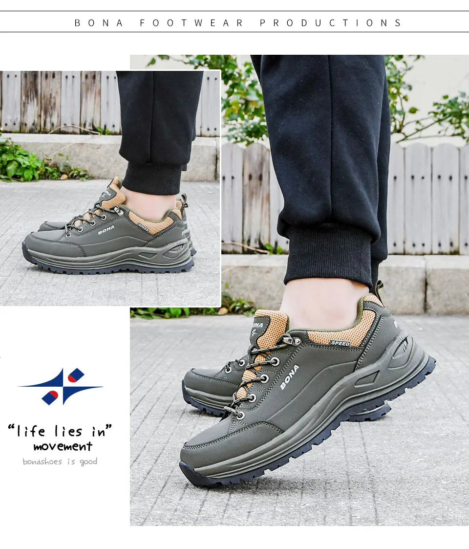 BONA 2022 New Designers Hiking Shoes Wear-resistant Outdoor Sports Shoes Men Brathable Lace-Up Climbing Trekking Footwear Man