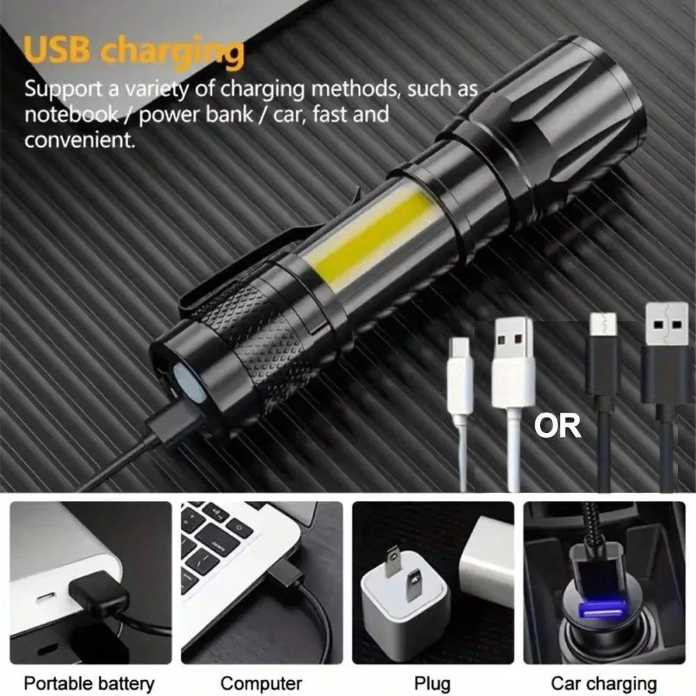 Mini LED Flashlight Protable USB Rechargeable Aluminium Alloy Torch Strong Light Zoom Waterproof Camping Lantern Outdoor Lamp