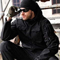 Waterproof Soft Shell Jackets Men Outdoor Shark Skin Multi-pocket Hooded Jacket Autumn Winter Wear-resistant Training Cargo Coat