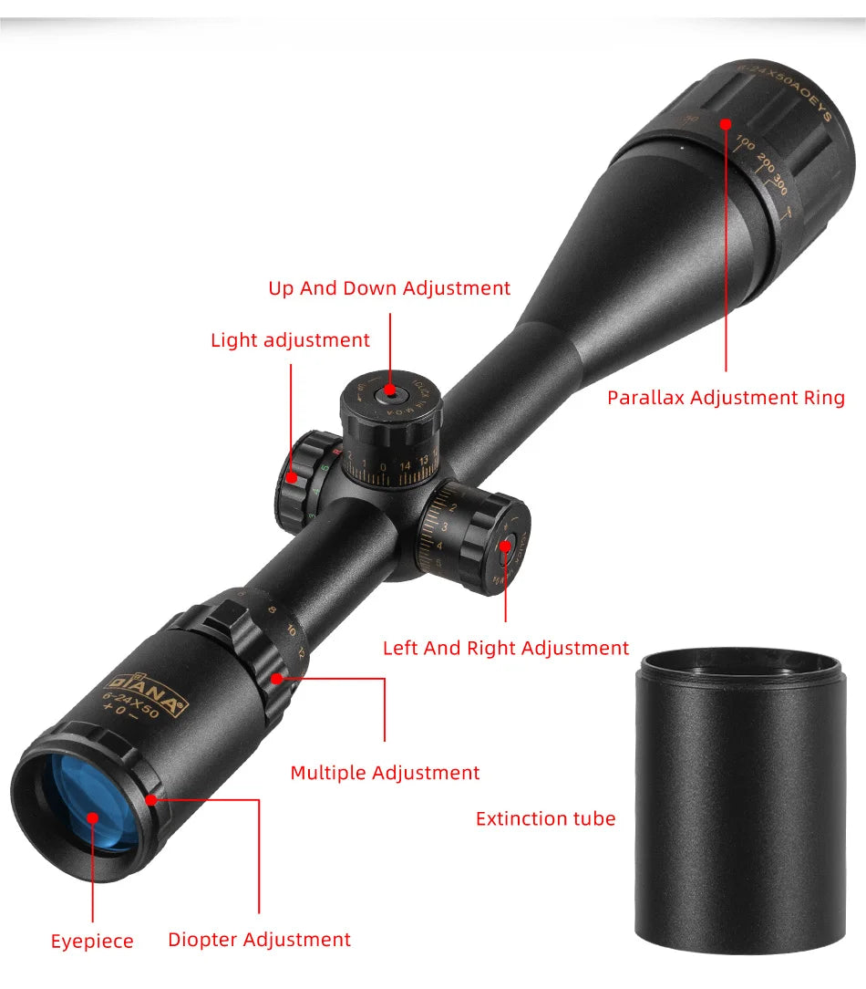 DIANA 6-24x50 AOE Tactics Rifle Scope  Lock System Green Red Dot light Sniper Gear Optical Sight Spotting Scope for Hunting