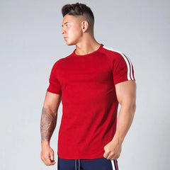 Red Gym Fitness T-shirt Men Running Sport Skinny Shirt Short Sleeve Cotton Tee Tops Summer Male Bodybuilding Training Clothing