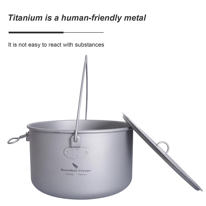 Boundless Voyage Outdoor Camping Titanium Cooking Pots Hanging Pot with Handle Picnic Hiking Kettle Cookware 1.3L 1.95L 2.9L