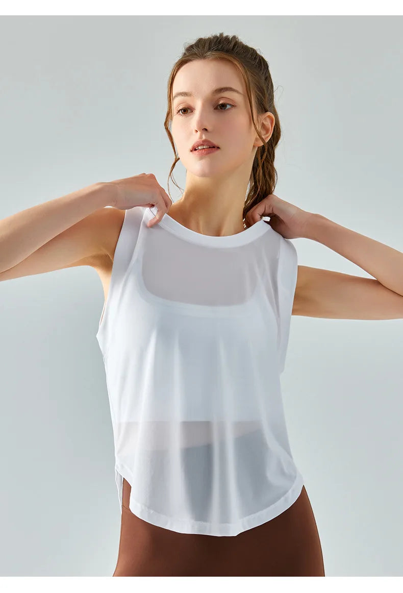 INLUMINE Mesh Stitching Sports Shirt Vest Loose Seamless Breathable Quick Drying Top Gym Running Fitness Yoga Clothing For Women