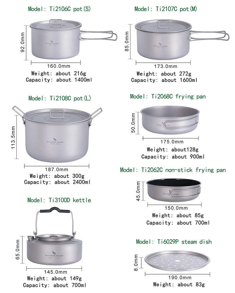 Boundless Voyage Titanium Camping Cookware Mess Kit Portable Camp Frying Pan and Pots Set with Steaming Grid for Outdoor Picnic