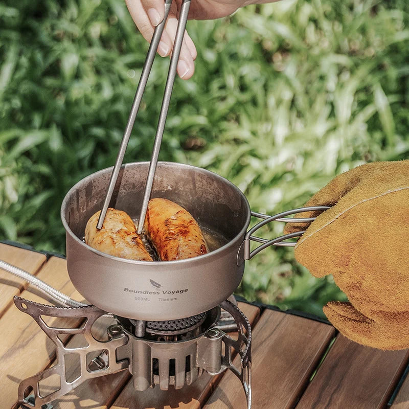 Boundless Voyage Outdoor Titanium Camping Pot Pan Set with Folding Handle Picnic Hiking Mini Size Cookware Mess Kit Ti2037-39C