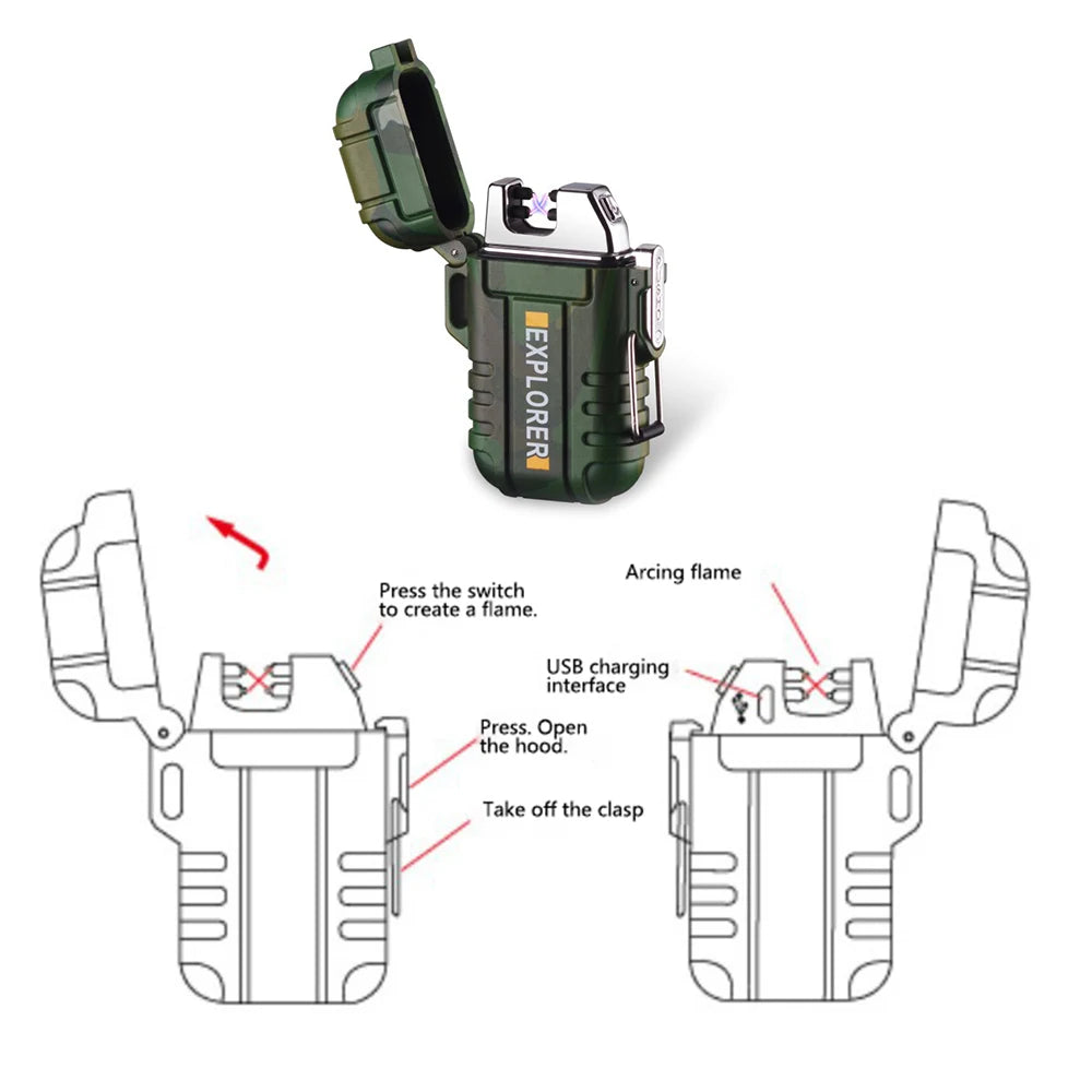 USB Waterproof Plasma Lighter Double Arc Outdoor Camping Sports Windproof Lighter Smoking Camping Gadget