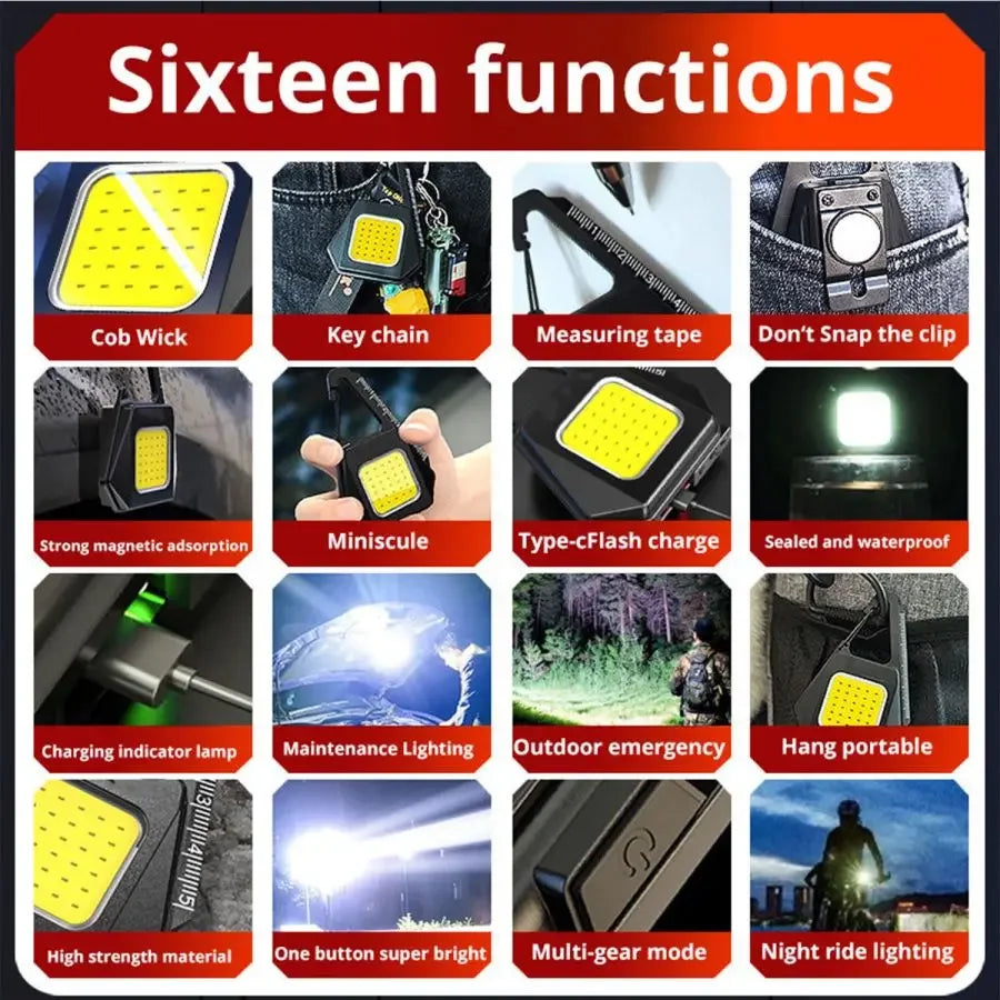 Multi-functional Magnetic COB Work Light Triangle Key Chain Lights Type-C USB Rechargeable Flashlight Mini Camping Lantern