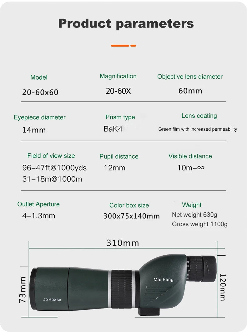 20-60X60 Spotting Scope Zoom Monocular Powerful Telescope Bak4 Prism Waterproof Anti-Fog For Camping Bird Watching Landscape