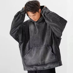 Denim Hooded Jacket Men Women Convex Turtle Shell Pattern Loose Casual Vintage Sweatshirt Coat Street Washed Denim Pullovers New