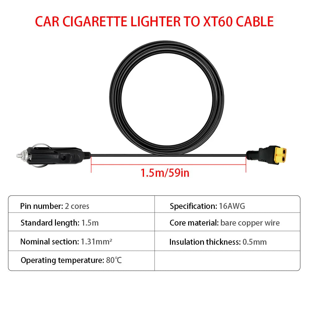 Car Cigarette Lighter to XT60 Cable 12V 24V Charging Cable Portable Power Station Outdoor Battery Power Storage Charging Cable