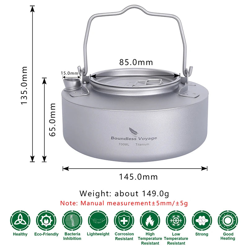 Boundless Voyage Titanium Camping Kettle Portable Teapot with Folding Handle Outdoor Cookware Ultralight Tableware 700ml Ti3100D