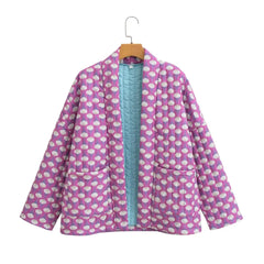 2023 Autumn Winter Pinkpurple Shell Print V Collar Quilted Coat Ethnic Women Long Sleeve Oversized Jackets Loose Outwear