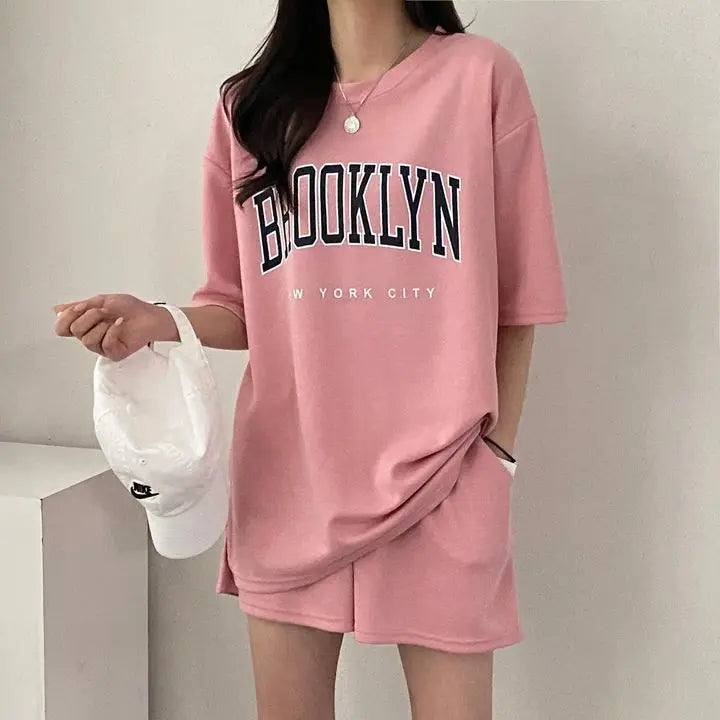 Korean Style Summer Female Sporty Outfit Running Gym Suit Women Clothing Two Piece Sets Short Sleeve T shirt Top Shorts Casual