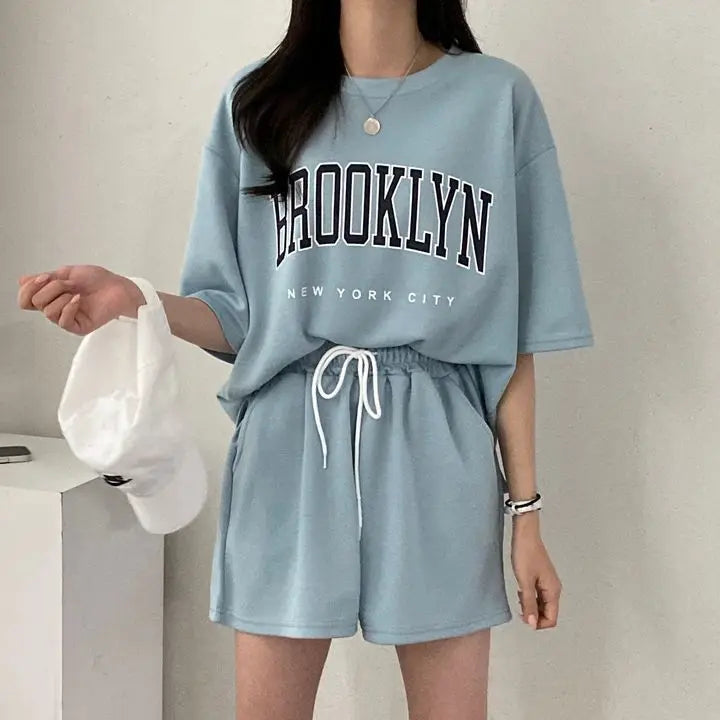 Korean Style Summer Female Sporty Outfit Running Gym Suit Women Clothing Two Piece Sets Short Sleeve T shirt Top Shorts Casual