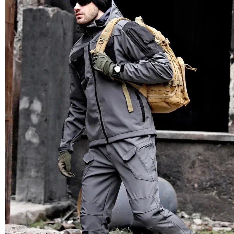 Mens Thicken Tactical Set Windproof Waterproof Outdoor Suit Soft Shell Multi-Pocket Hooded Jackets+Fleece Work Pants 2-piece