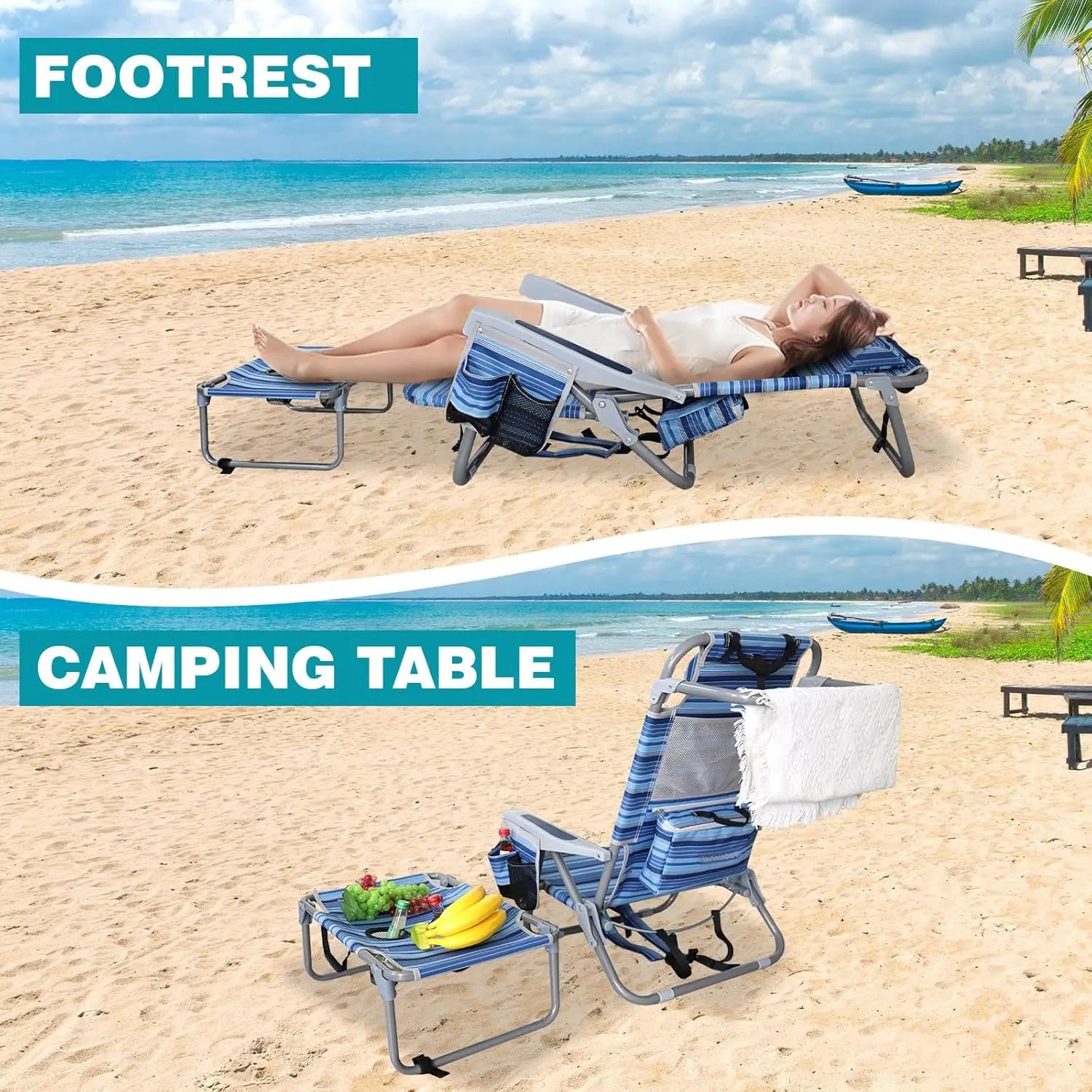 Backpack Folding Beach Chairs Set of 2 Heavy Duty 350Ibs with Camping Table Portable Lay Flat Beach Chair 5-Position Adjustable